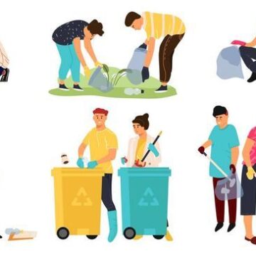 Recycling characters. Cartoon men women and children collecting garbage in containers for sorting and recycling. Vector scene set